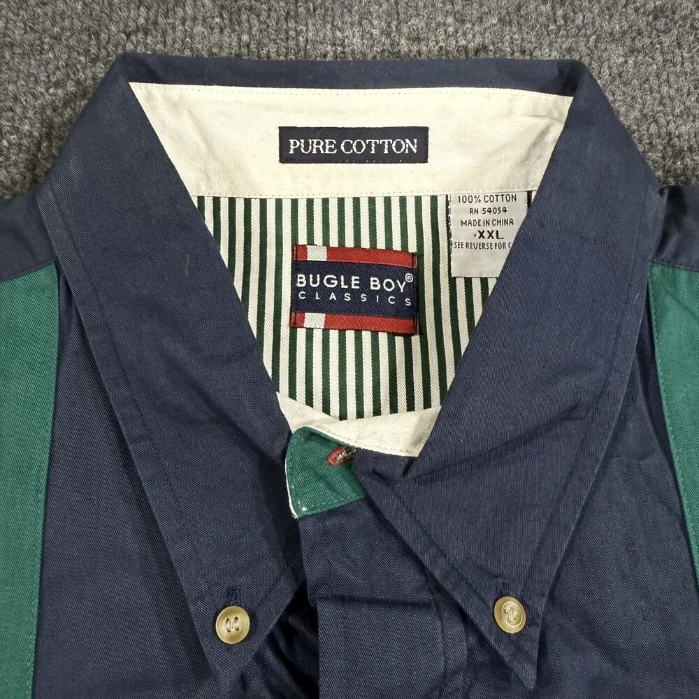 Vintage Bugle Boy Classics Mens Button Down Shirt XXL Navy Green Striped 90s